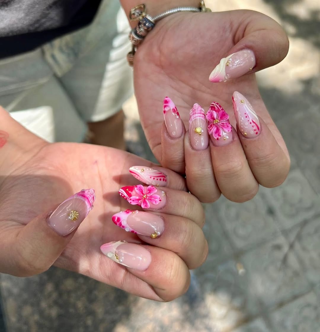 Pink Floral 3D Art Gold Embellished Stiletto Nails