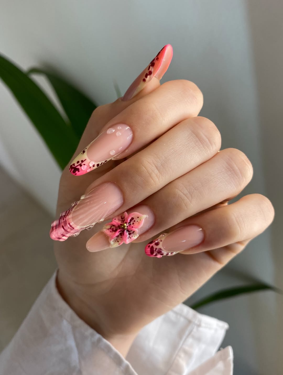 Pink Floral 3D Art Long Almond Summer Nails