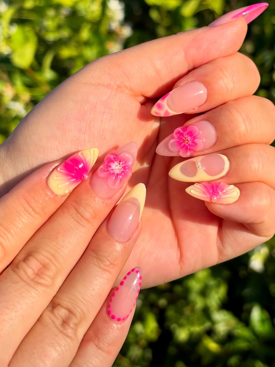 Pink Floral 3D Art Yellow Accent Summer Almond Nails