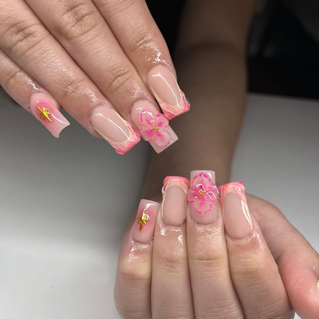 Pink Floral 3D Clear French Tips with Gold Charms