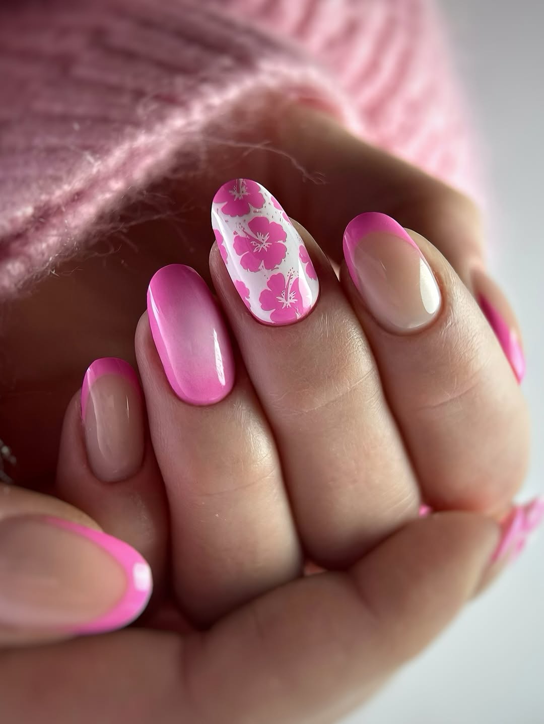 Pink Floral Accent Oval French Tips