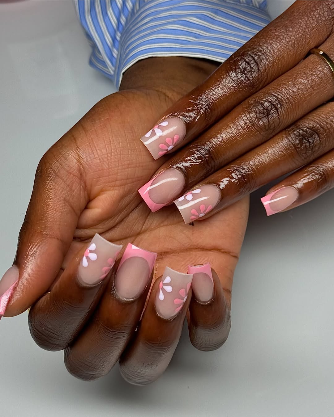 Pink Floral French Tips With Negative Space