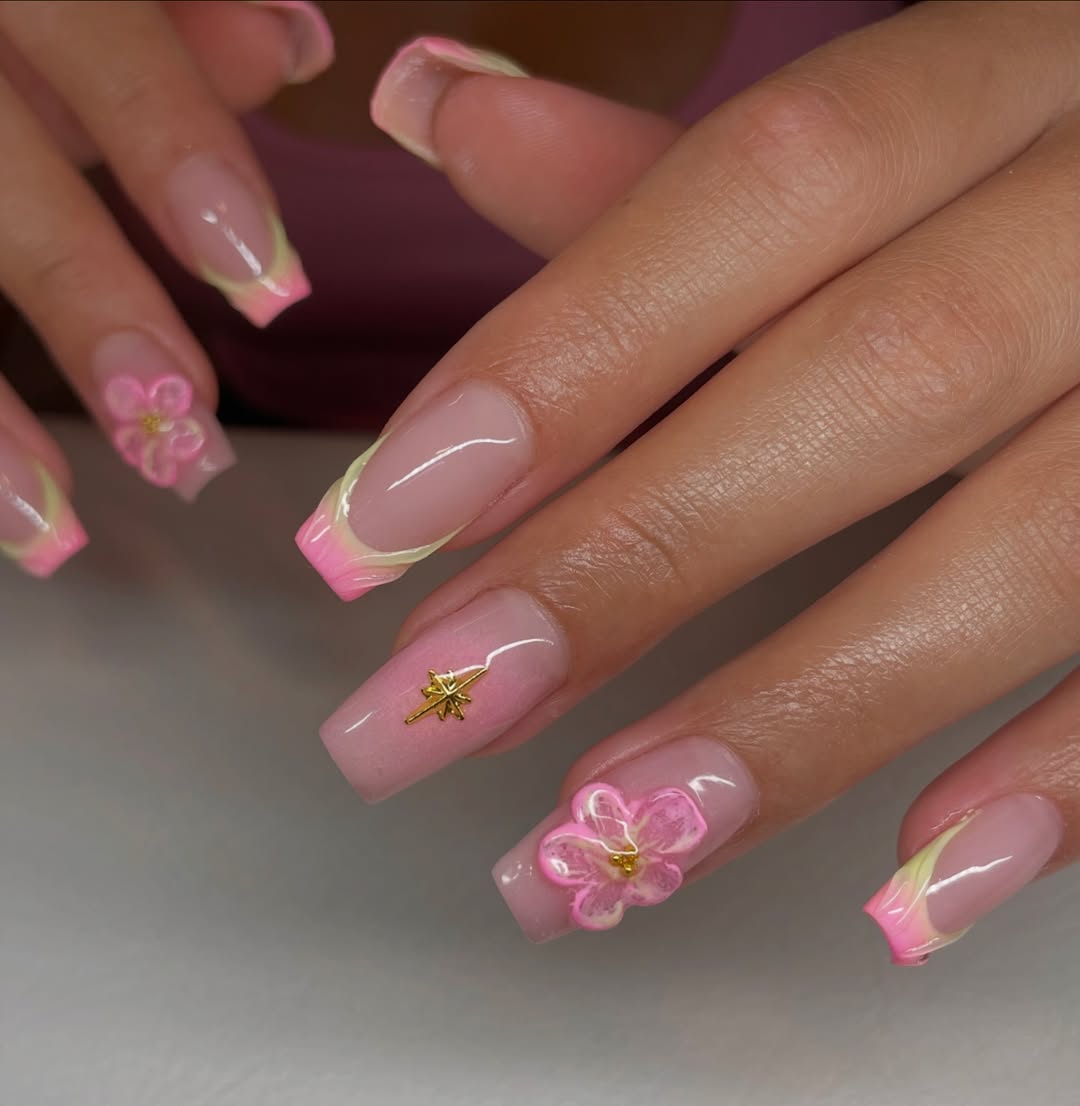 Pink Floral French Tips With Neon Swirls