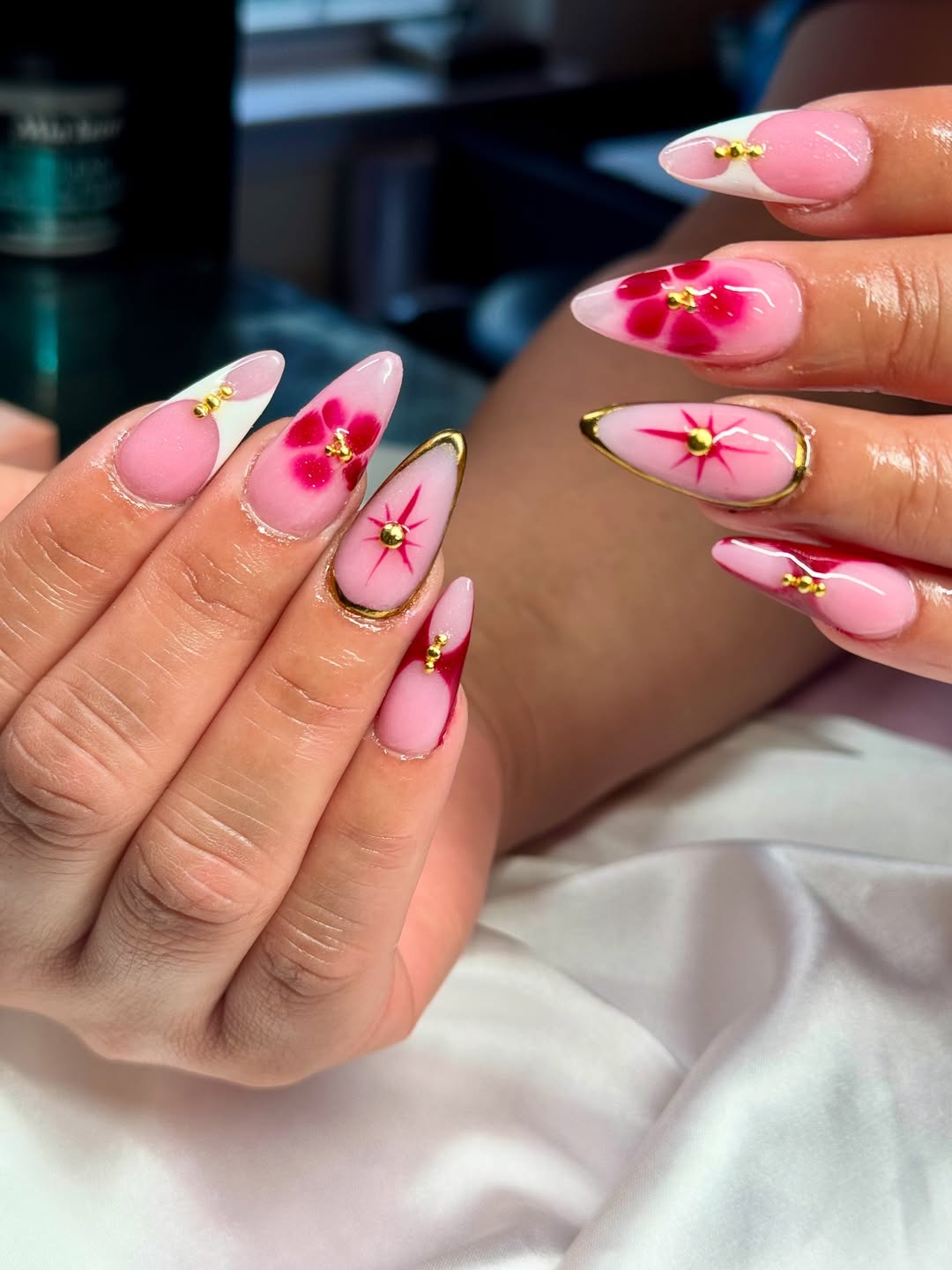 Pink Floral Gold Accent Abstract Almond Nails