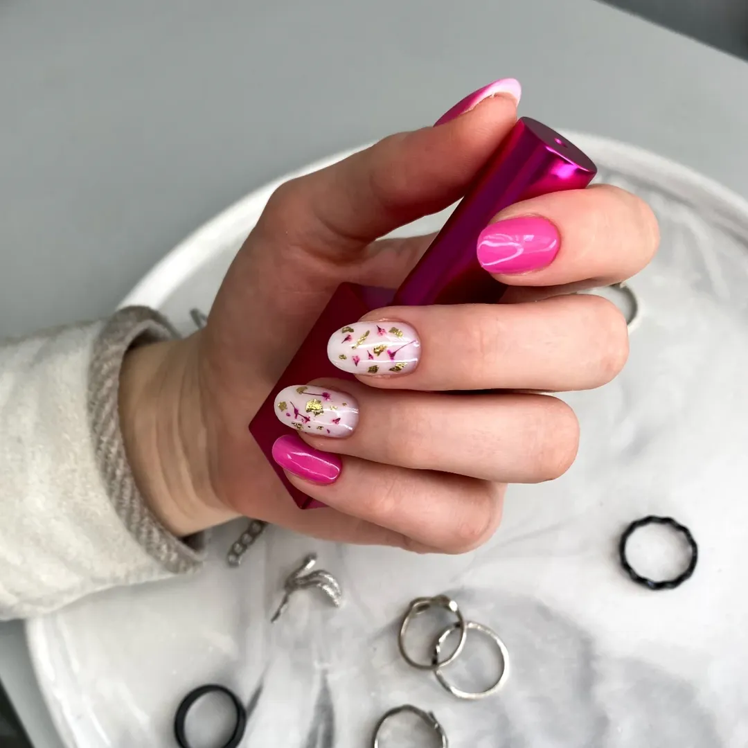 Pink Floral & Gold Flake Accent Nails
