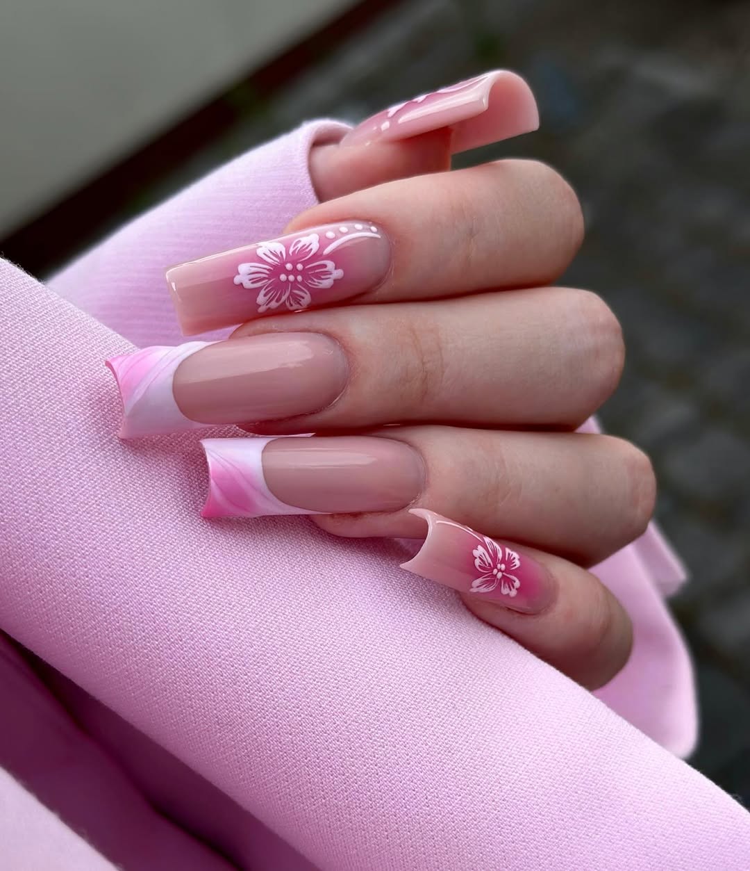 Pink Floral Long French Tip Coffin Nails