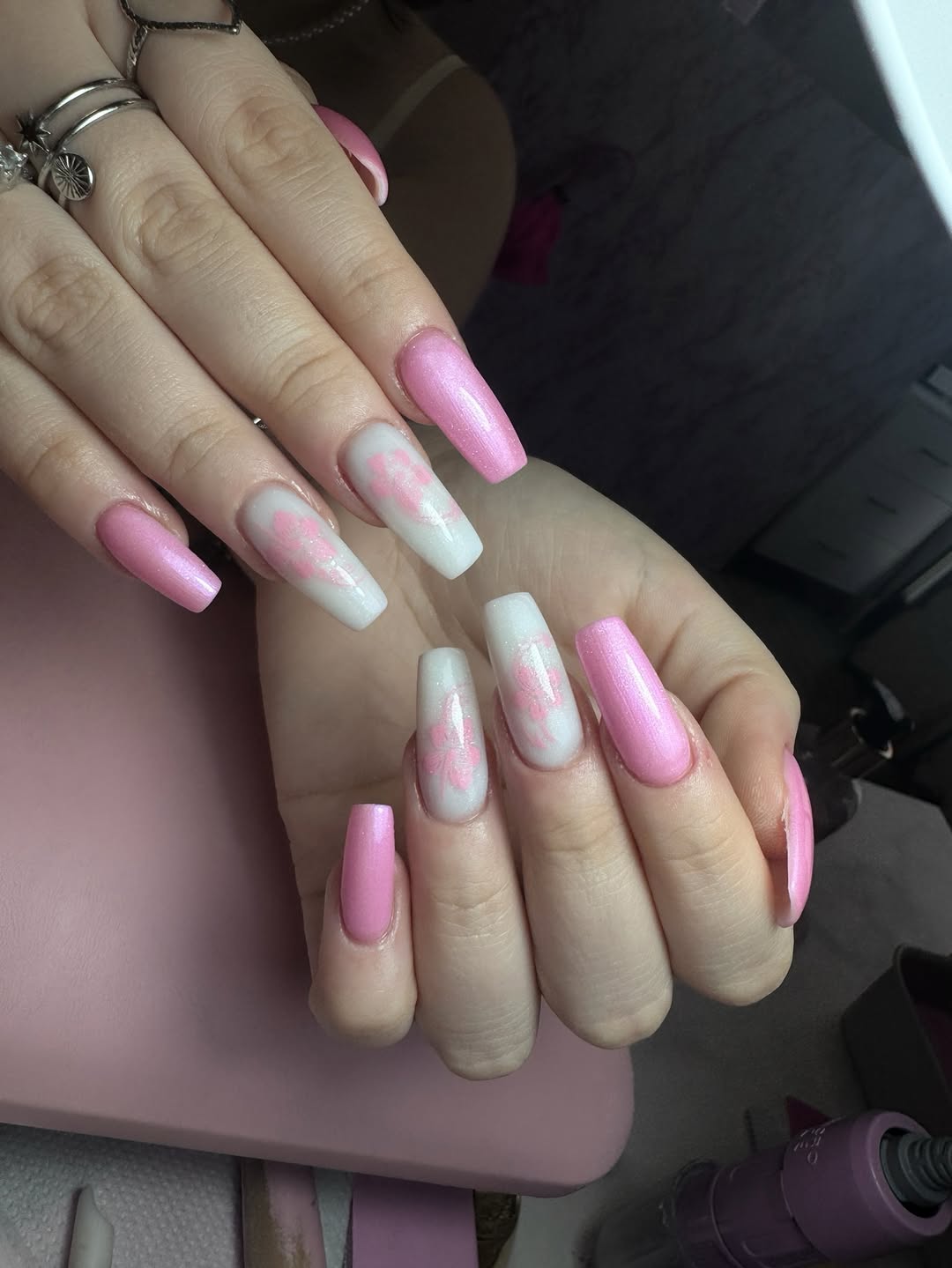 Pink Floral Shimmer Coffin Nails