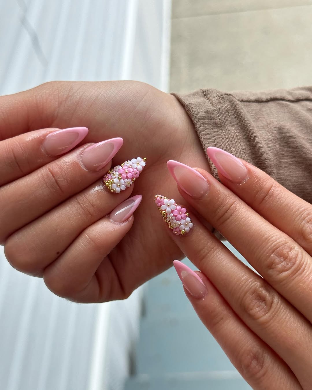 Pink French Stiletto Nails With 3D Floral Accents