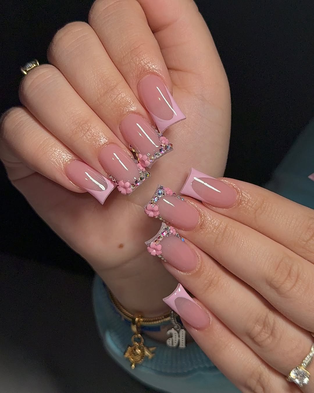 Pink French Tip Flowers and Rhinestones