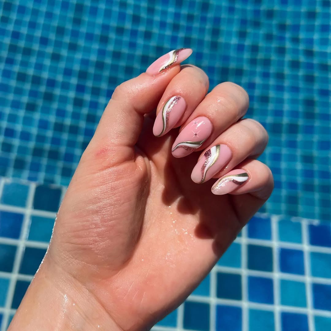 Pink Glam Glitter Swirl Long Almond Nails
