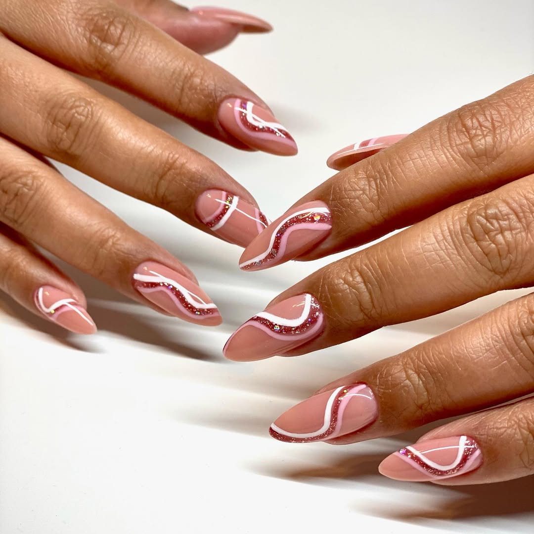 Pink Glitter and White Swirl Almond Nails