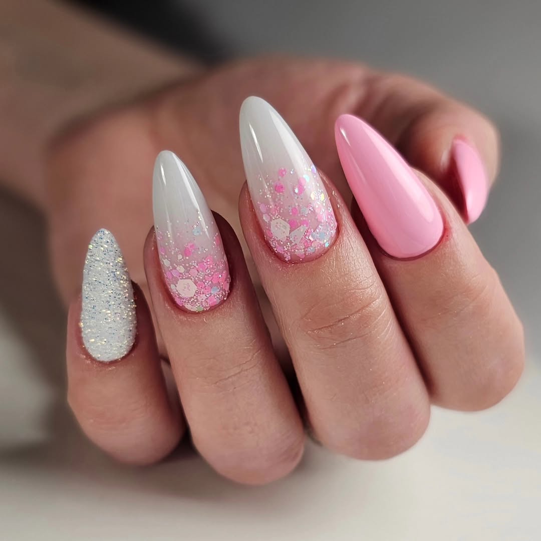 Pink Glitter Ombre and Solid Almond