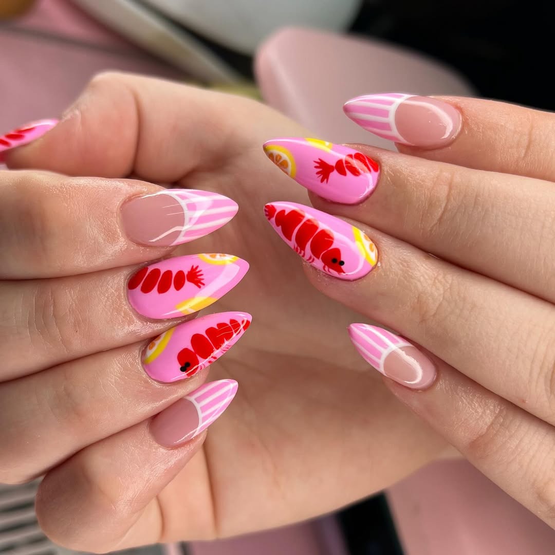 Pink Lobster and Lemon Summer Stiletto Nails