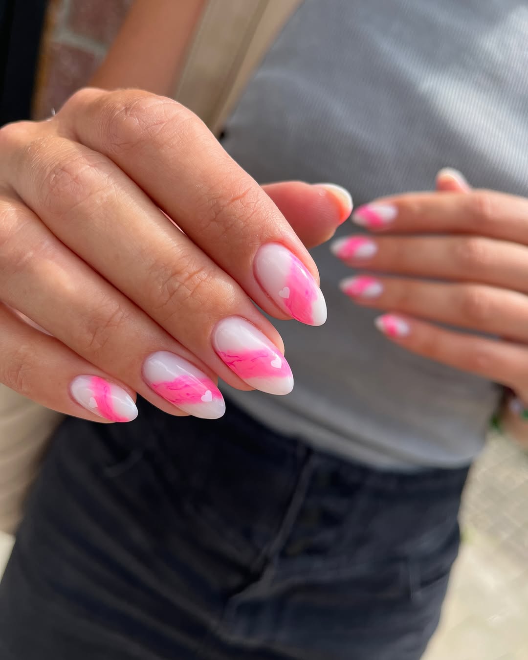 Pink Marble Heart Accent Oval Nails