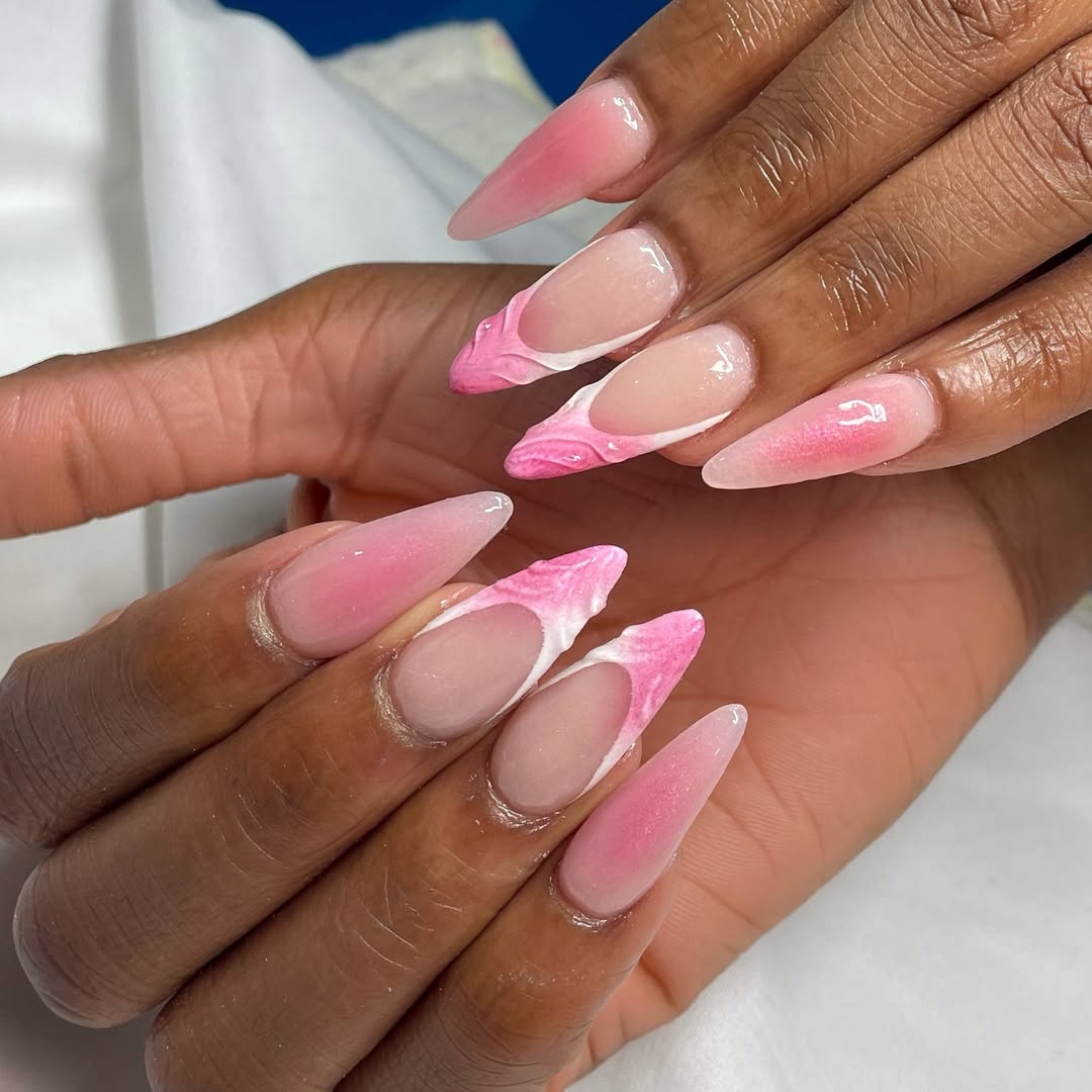 Pink Marble Ombre Almond Sculpted Tips