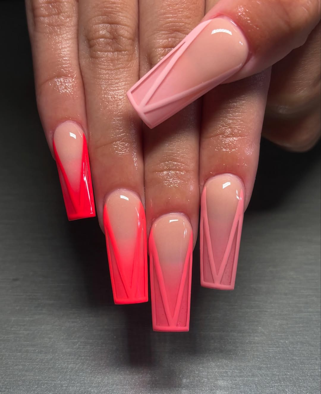 Pink Neon Ombre Coffin Nails with 3D Lines