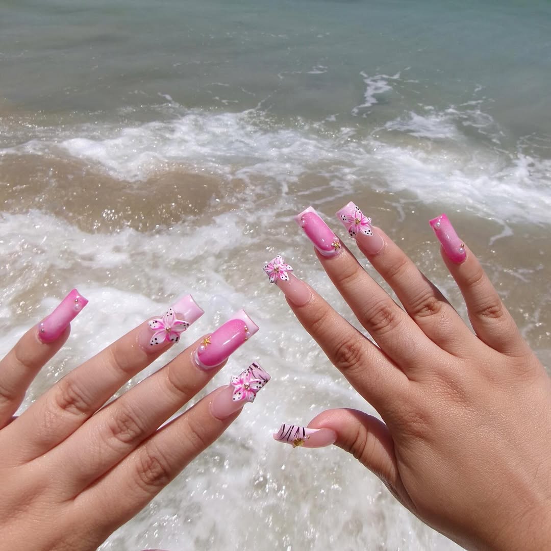 Pink Ombré Coffin Nails with 3D Butterfly Accents