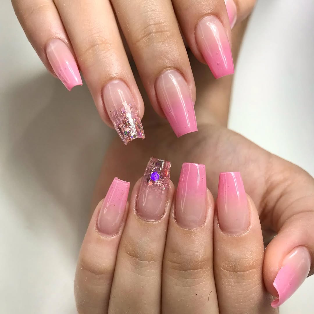 Pink Ombre And Glitter Accent Coffin Nails