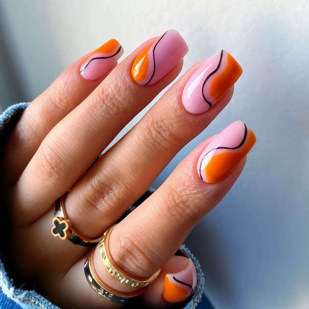 Pink Orange Swirl Abstract Art Square Nails