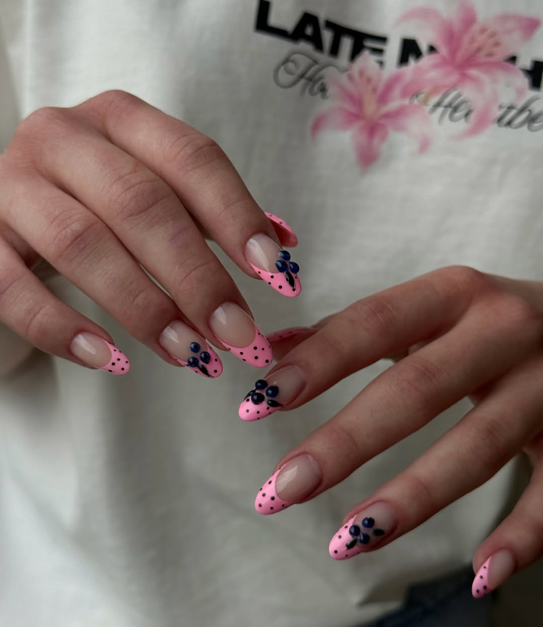 Pink Polka Dot French Tips with 3D Blueberries