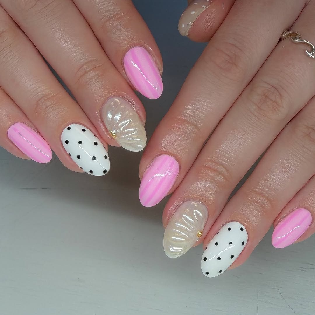 Pink Polka Dot Shell Mermaidcore Oval Nails