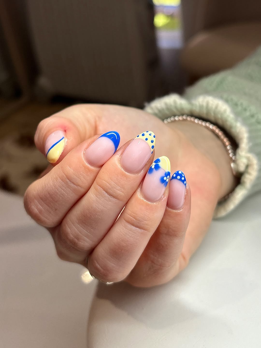 Playful Blue Yellow Floral Polka Dot French Tips