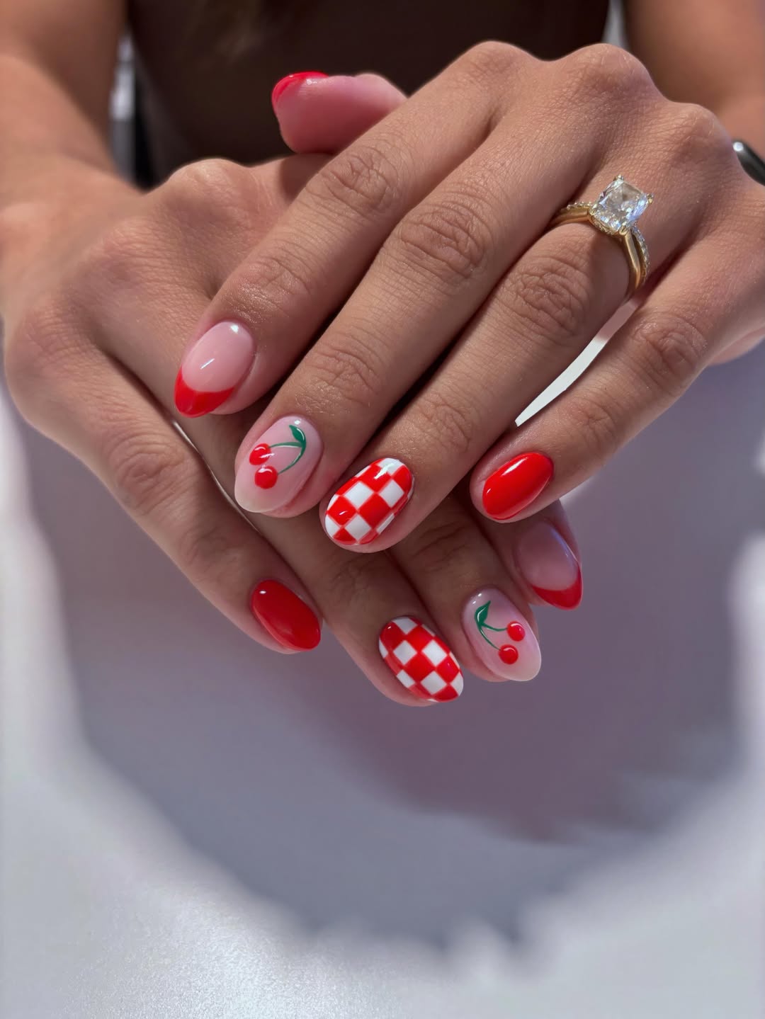 Playful Cherry Red & Checkered Summer Nails