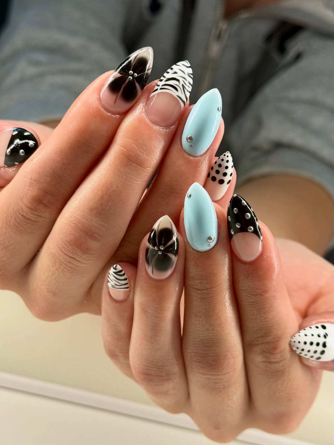 Playful Graphic Almond French Tip Nails