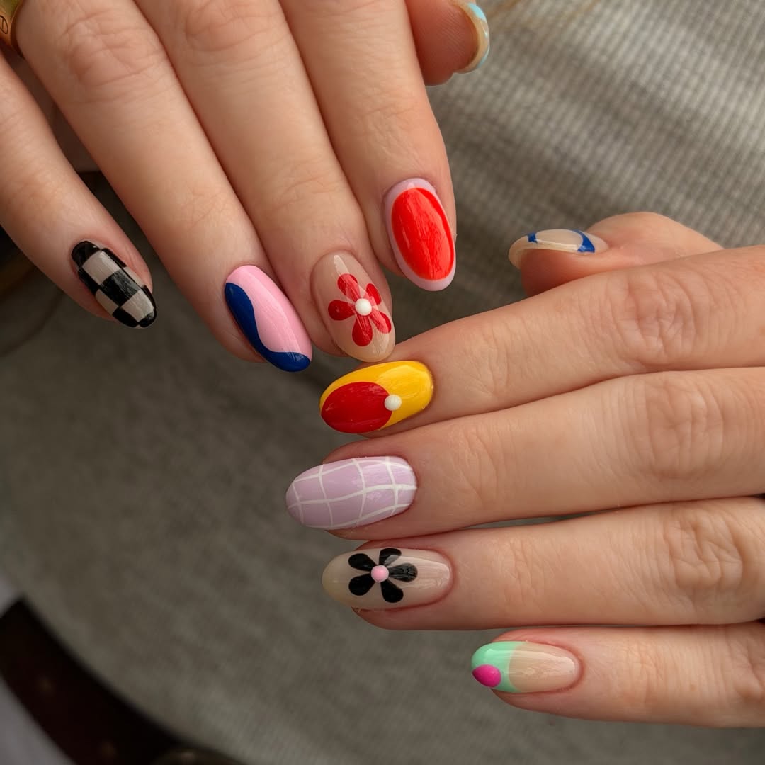Playful Mismatched Hand-Painted Abstract Oval Nails