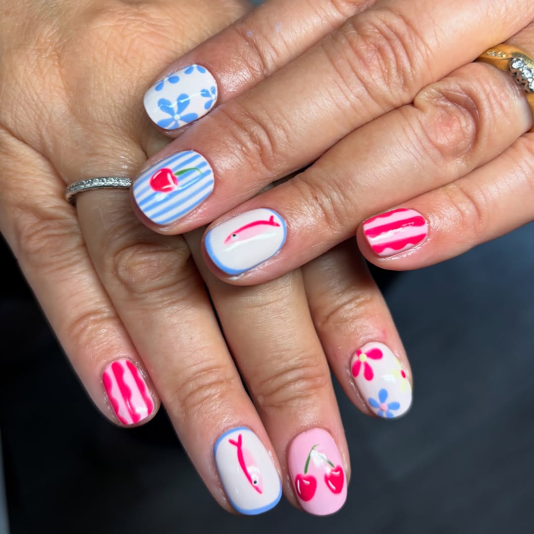 Playful Mismatched White and Pink Summer Nails