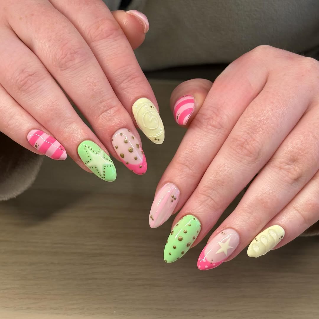 Playful Pastel Mismatched Almond Nails With 3D Summer Art