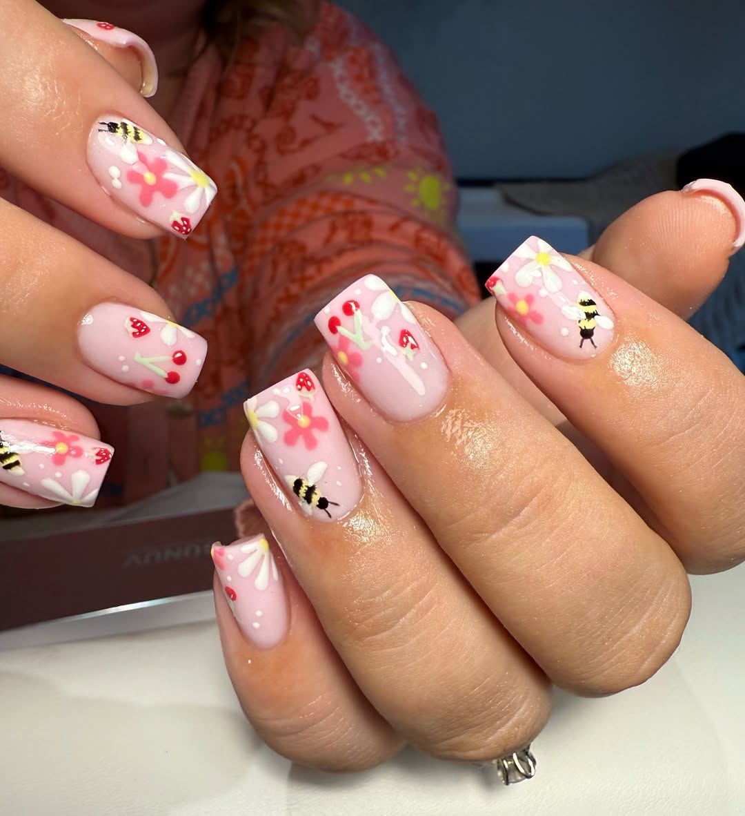 Playful Pastel Pink Cottagecore Nail Art