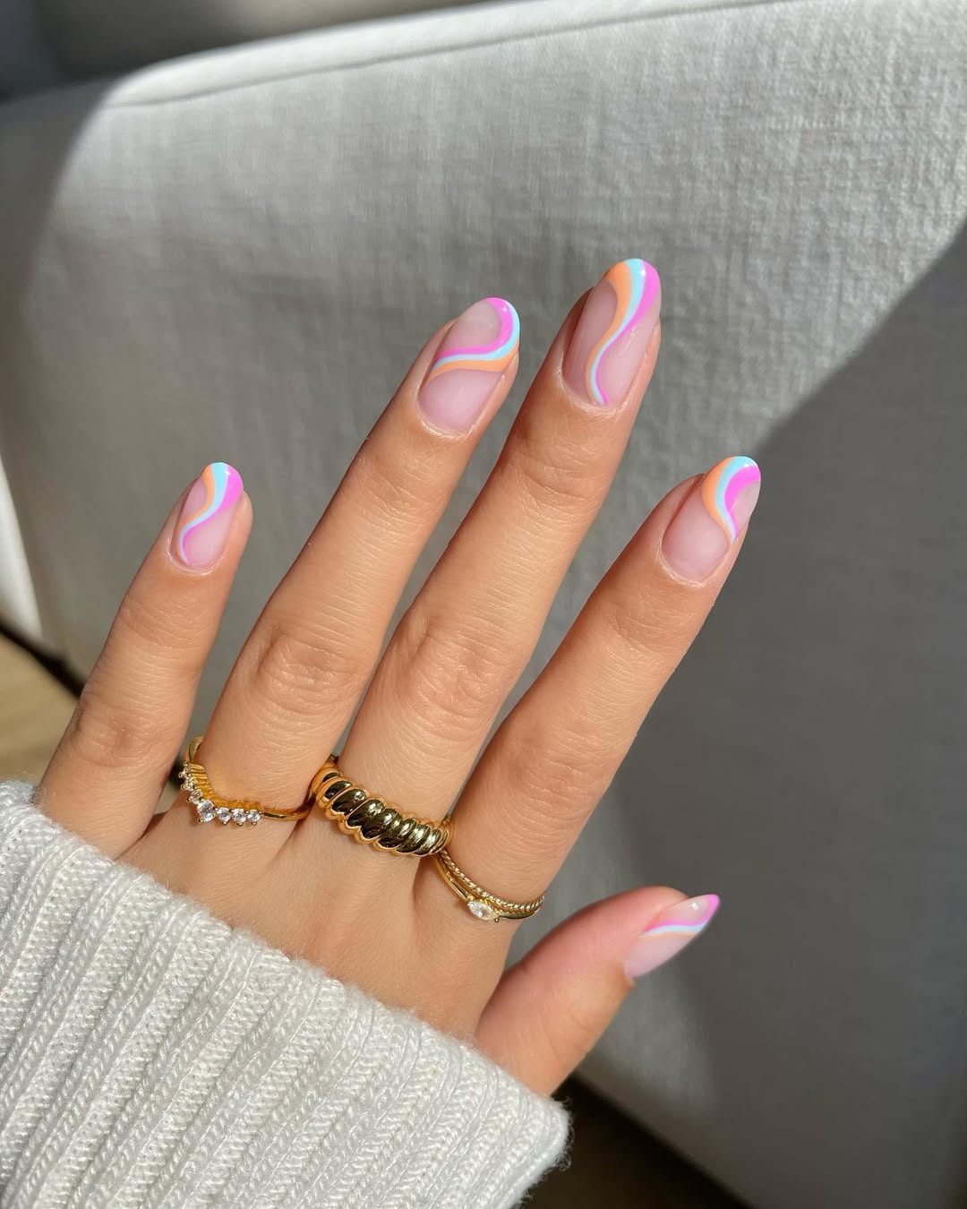 Playful Pastel Swirl Glossy Oval Nails