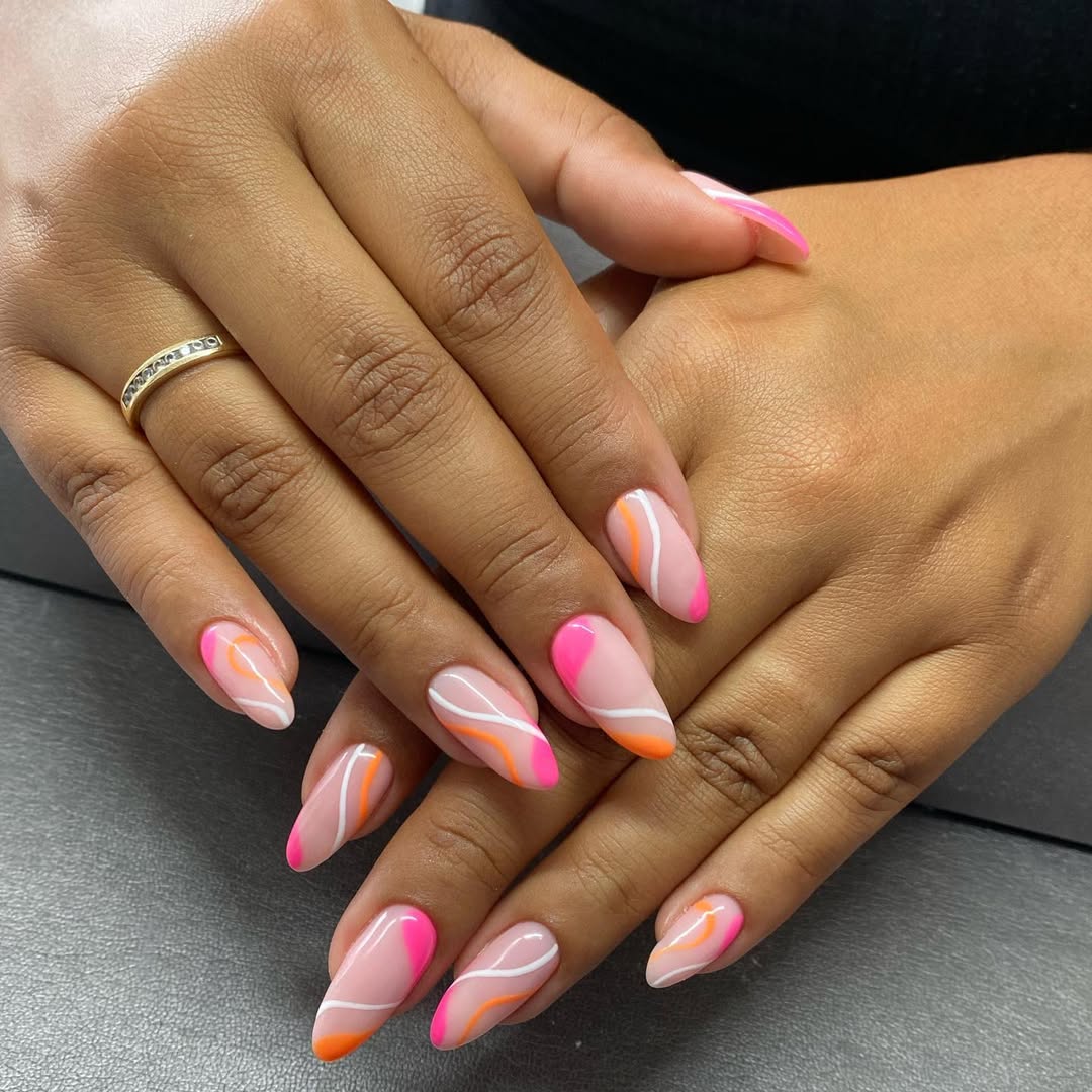 Playful Pink and Orange Swirls Almond Nails