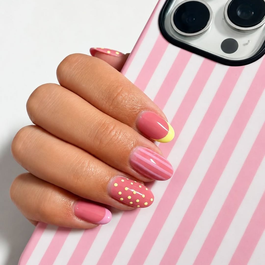Playful Pink and Yellow Patterned Oval Nails