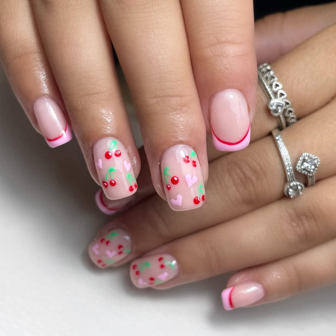 Playful Pink Cherry Heart French Tip Nails