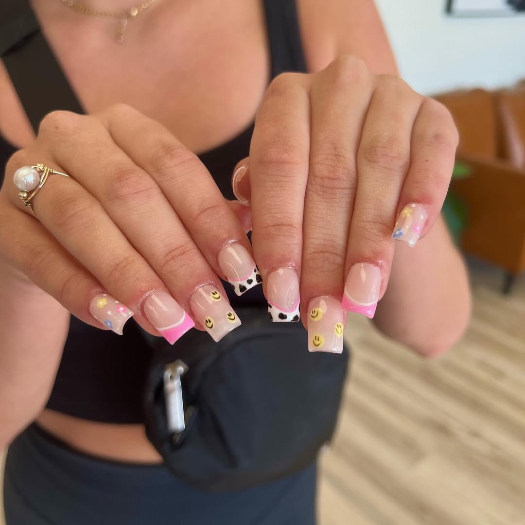 Playful Pink French Smiley Face Cow Print Tips