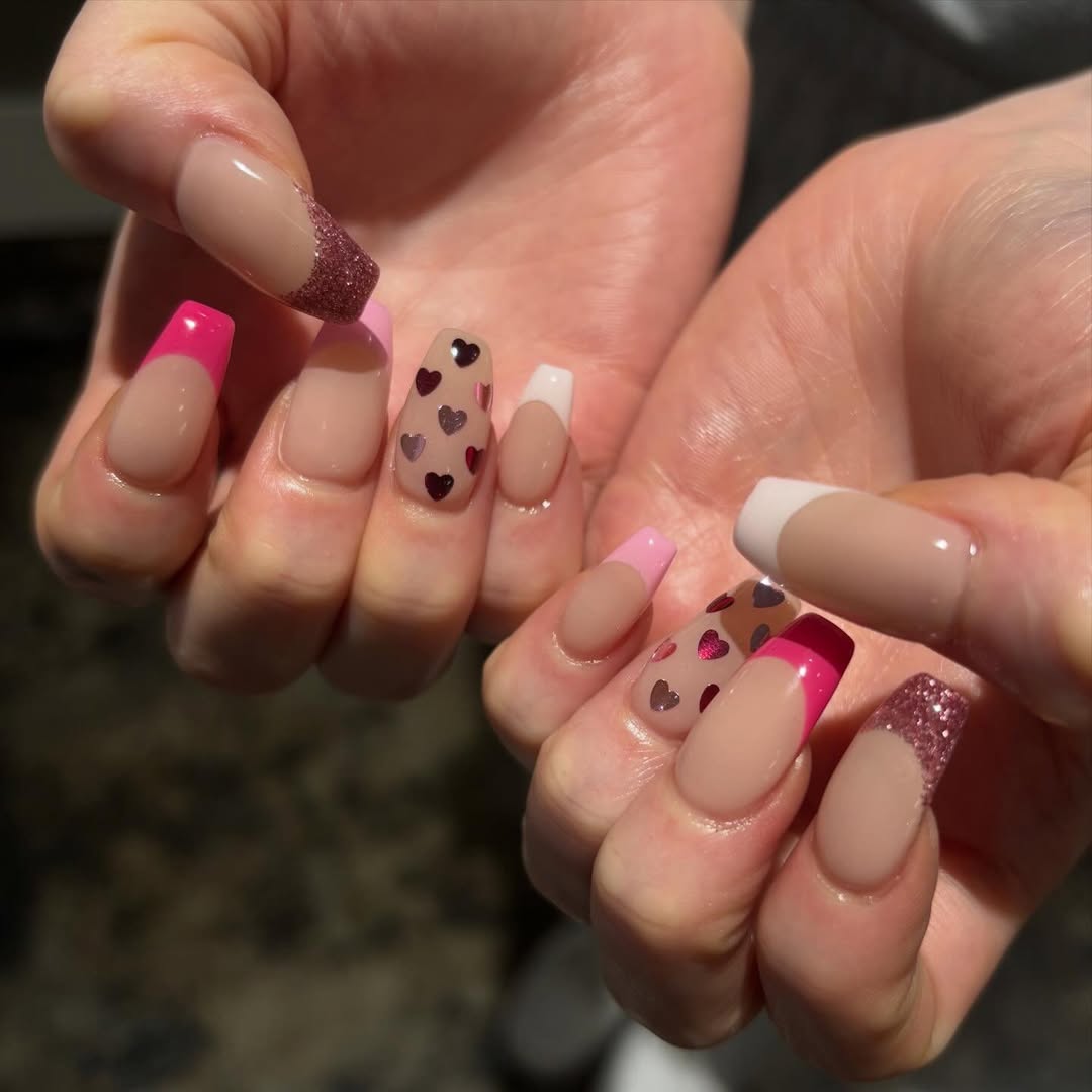 Playful Pink Glitter and Heart French Tip Nails