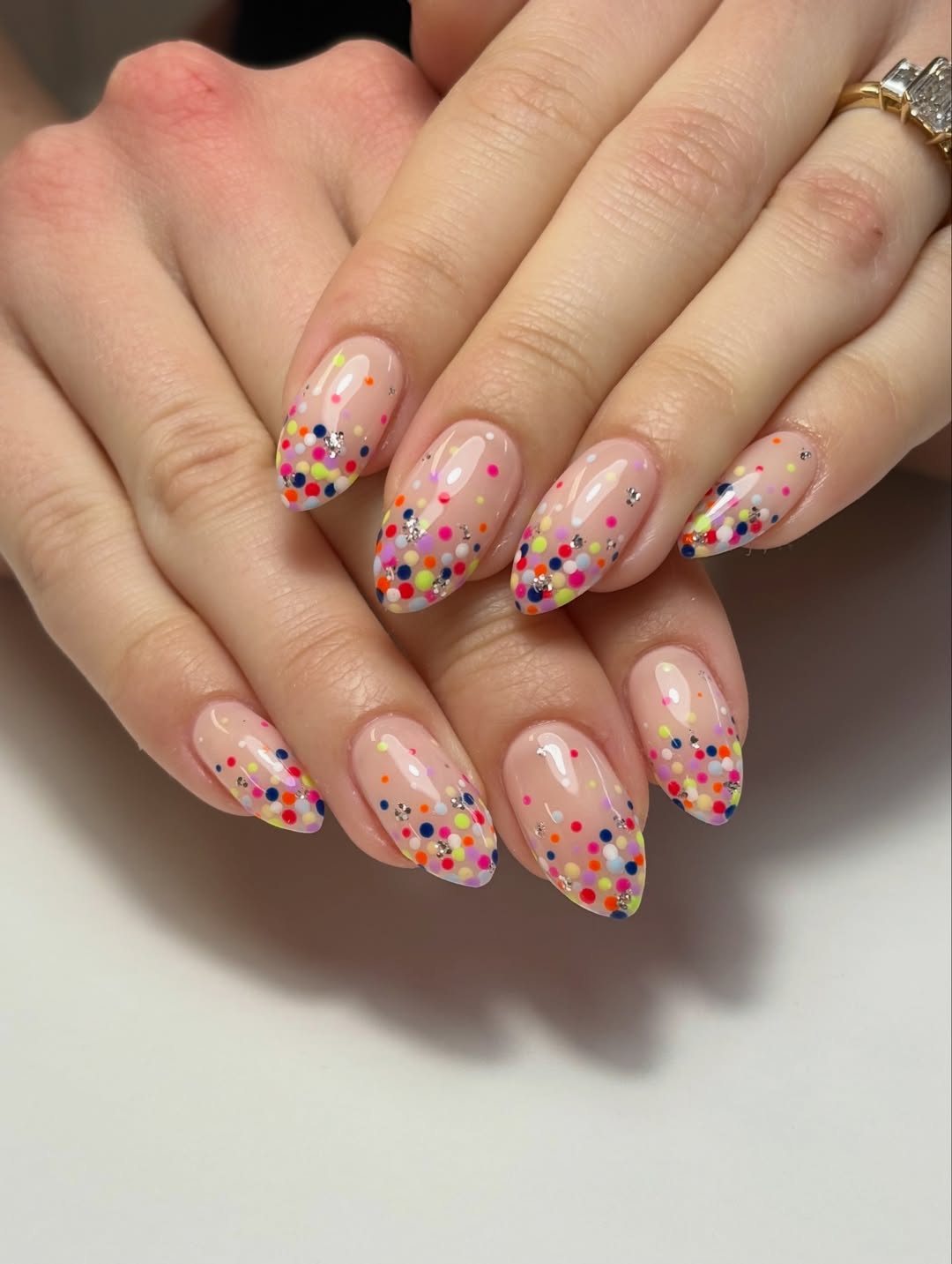 Playful Rainbow Confetti Clear Base Almond Nails