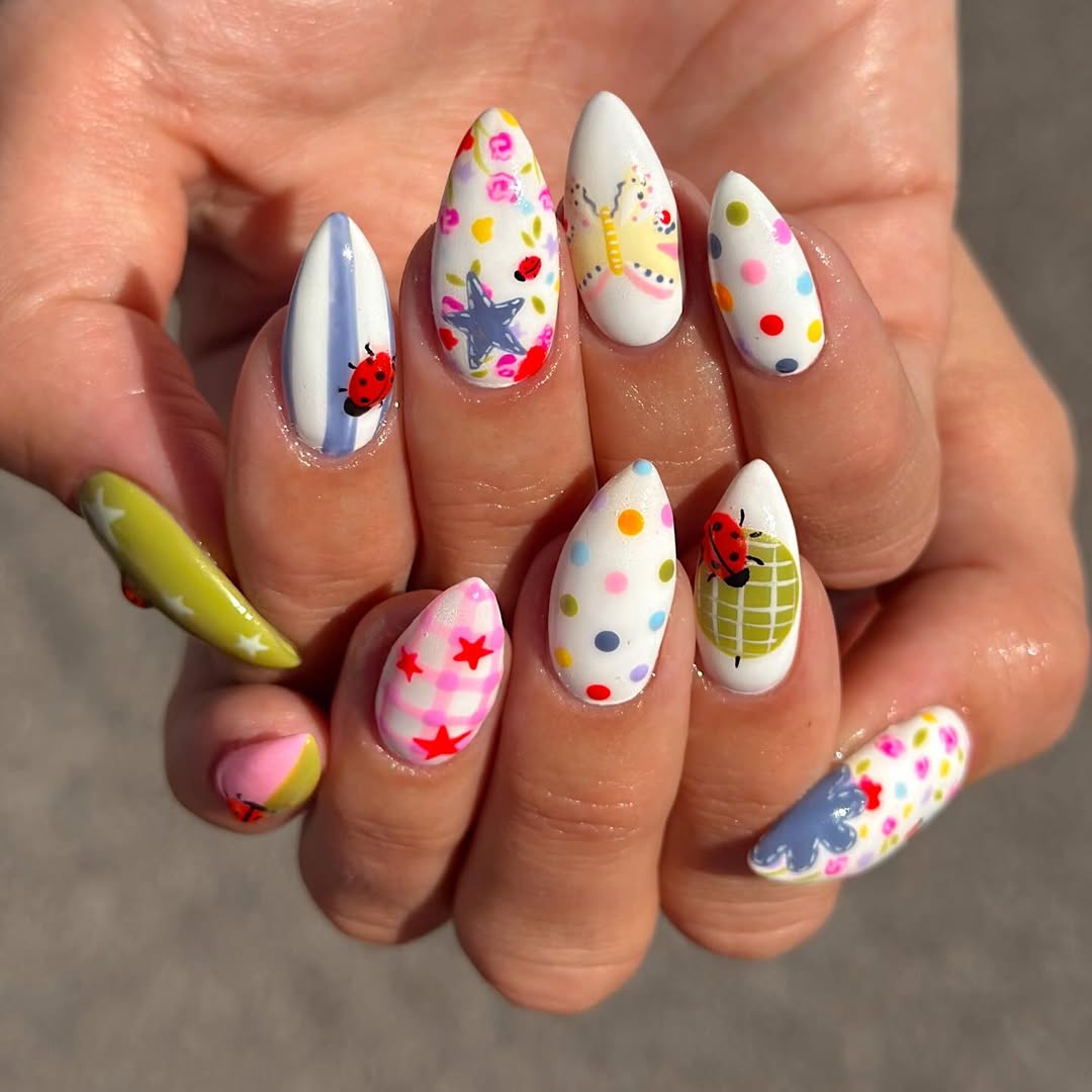 Playful Whimsical Hand-Painted Almond Summer Nails