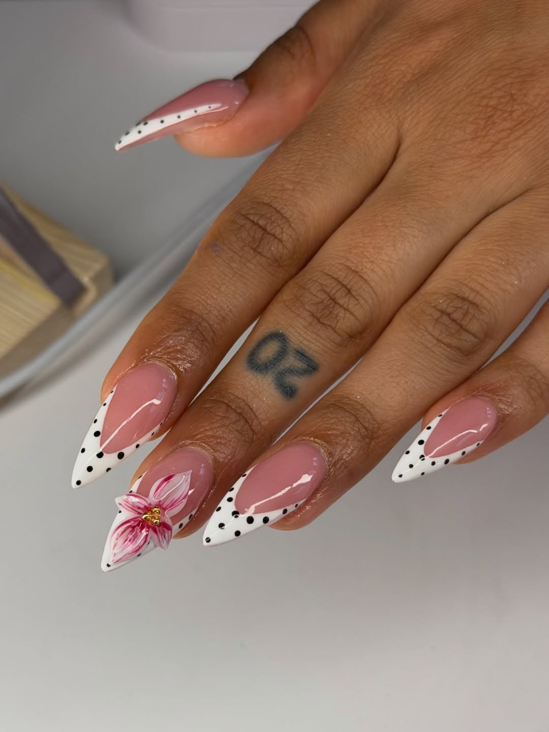 Polka Dot French Tips With 3D Floral Accent Stiletto