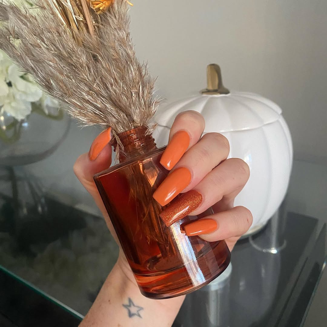 Pumpkin Spice Orange Glossy Glitter Coffin Nails