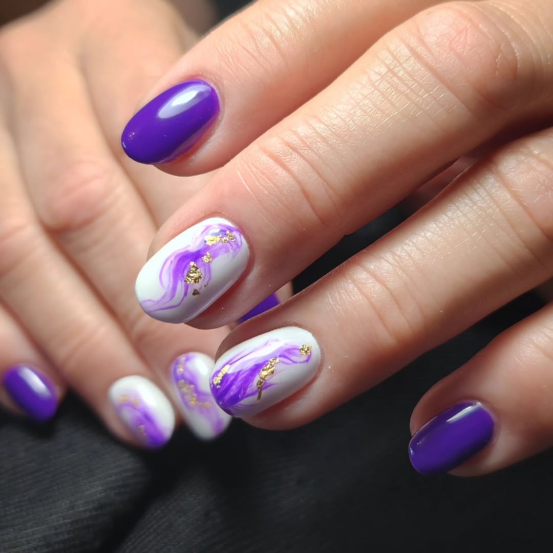 Purple And White Marble Gold Flakes Oval Nails