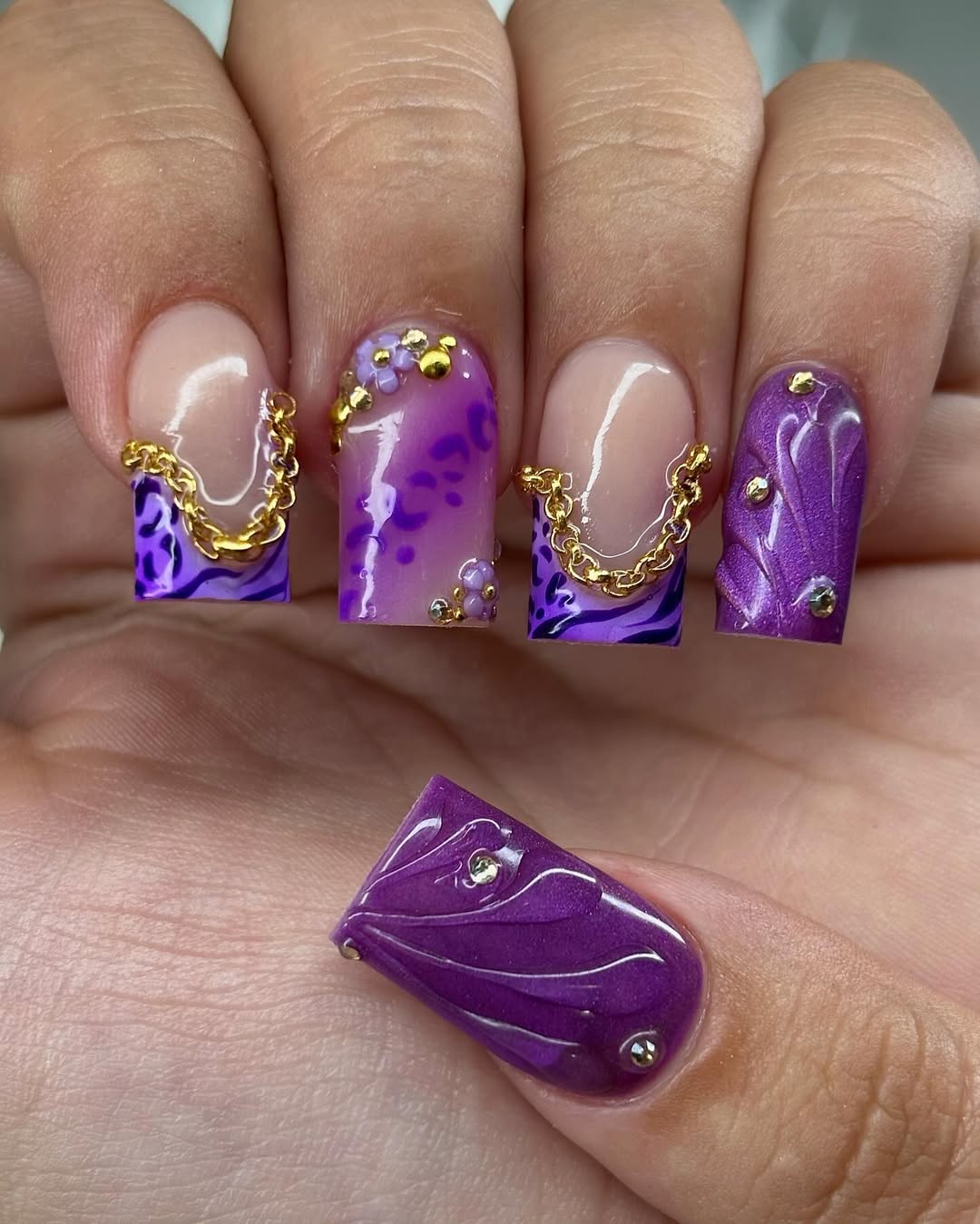 Purple Animal Print Gold Chain Square Nails