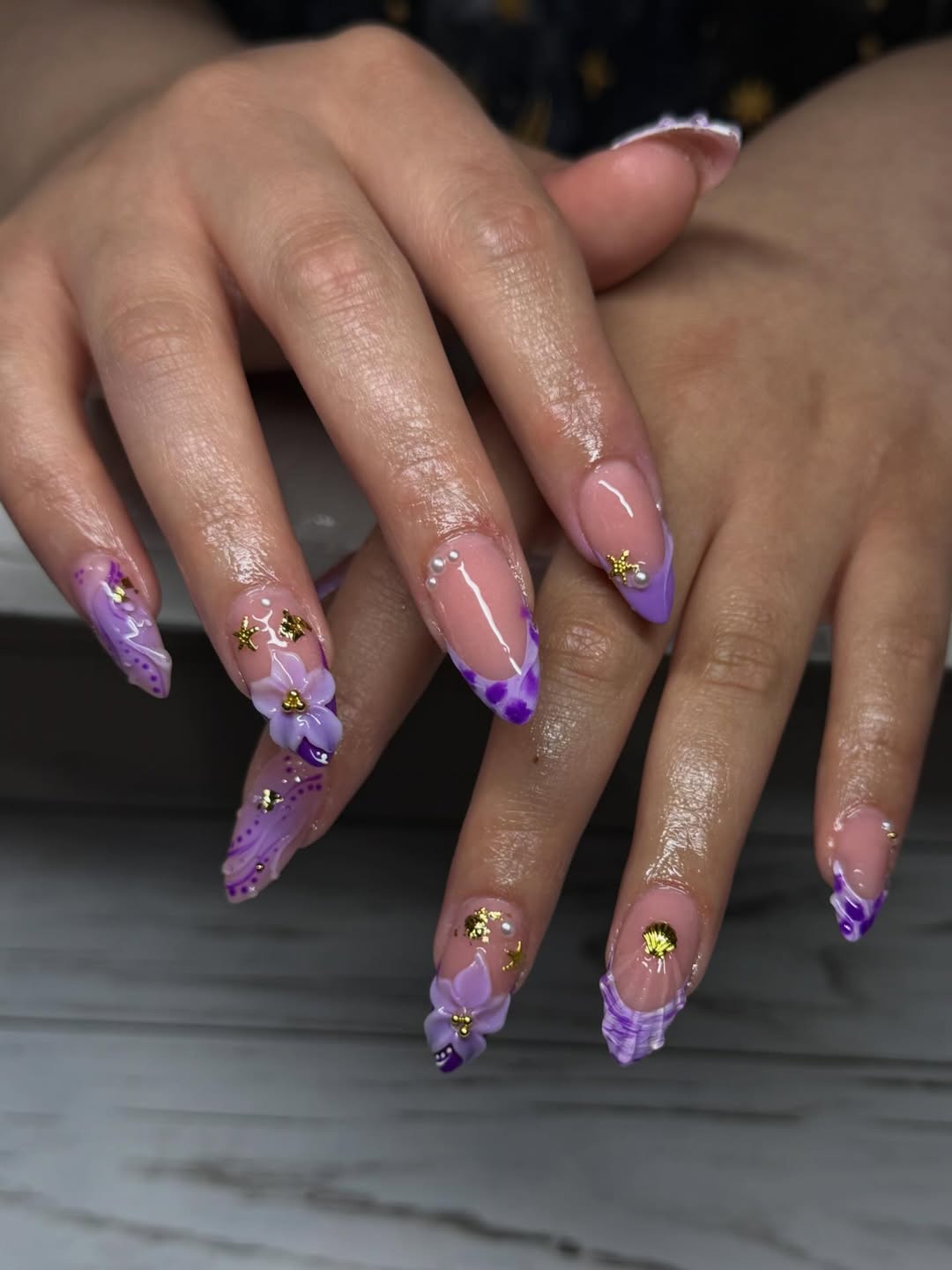 Purple French Tips With 3D Floral Embellishments