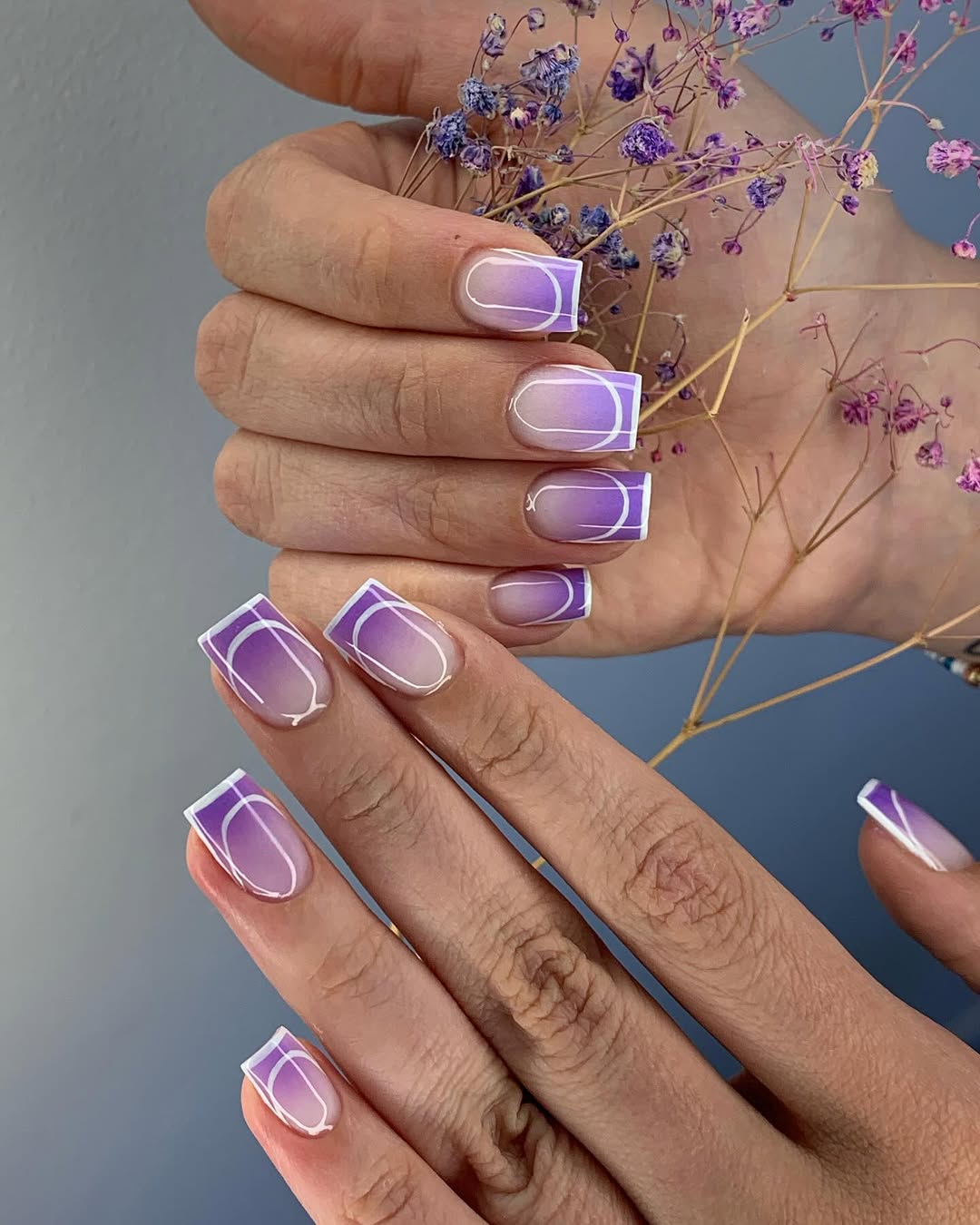 Purple Gradient Square Nails With White Outline Art