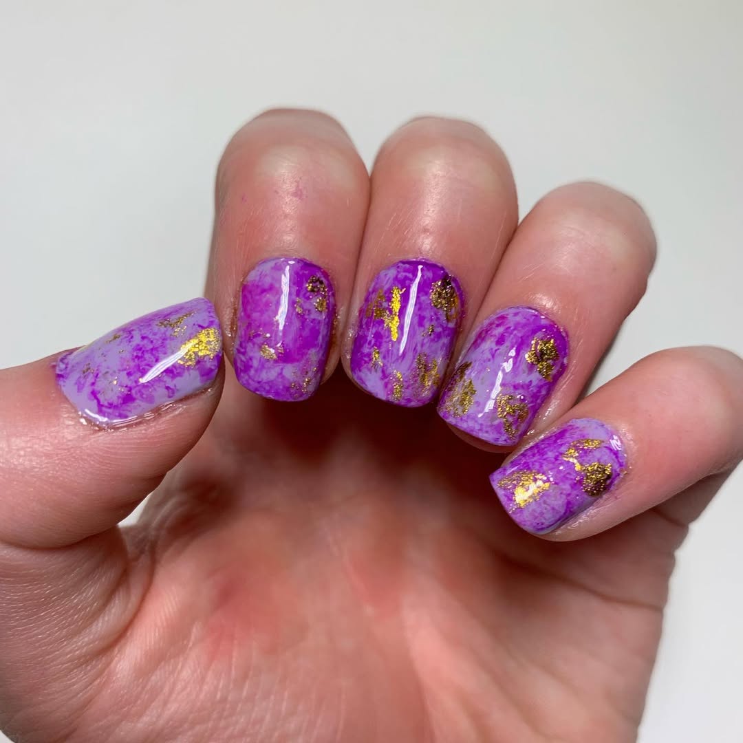 Purple Marble Gold Flake Short Squoval Nails