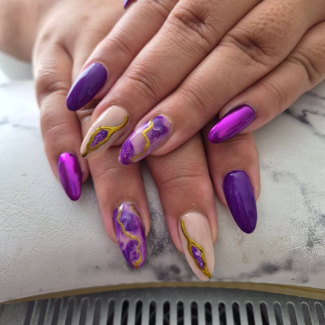 Purple Marble Gold Outline Stiletto Nails