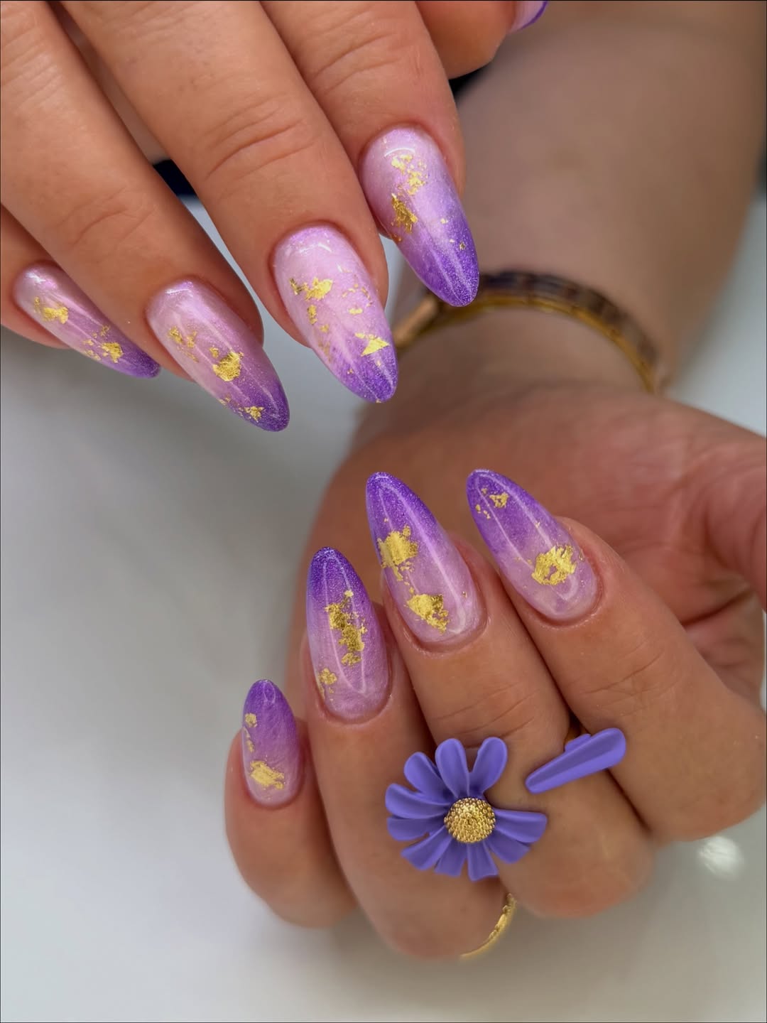 Purple Ombré Almond Nails with Gold Flakes