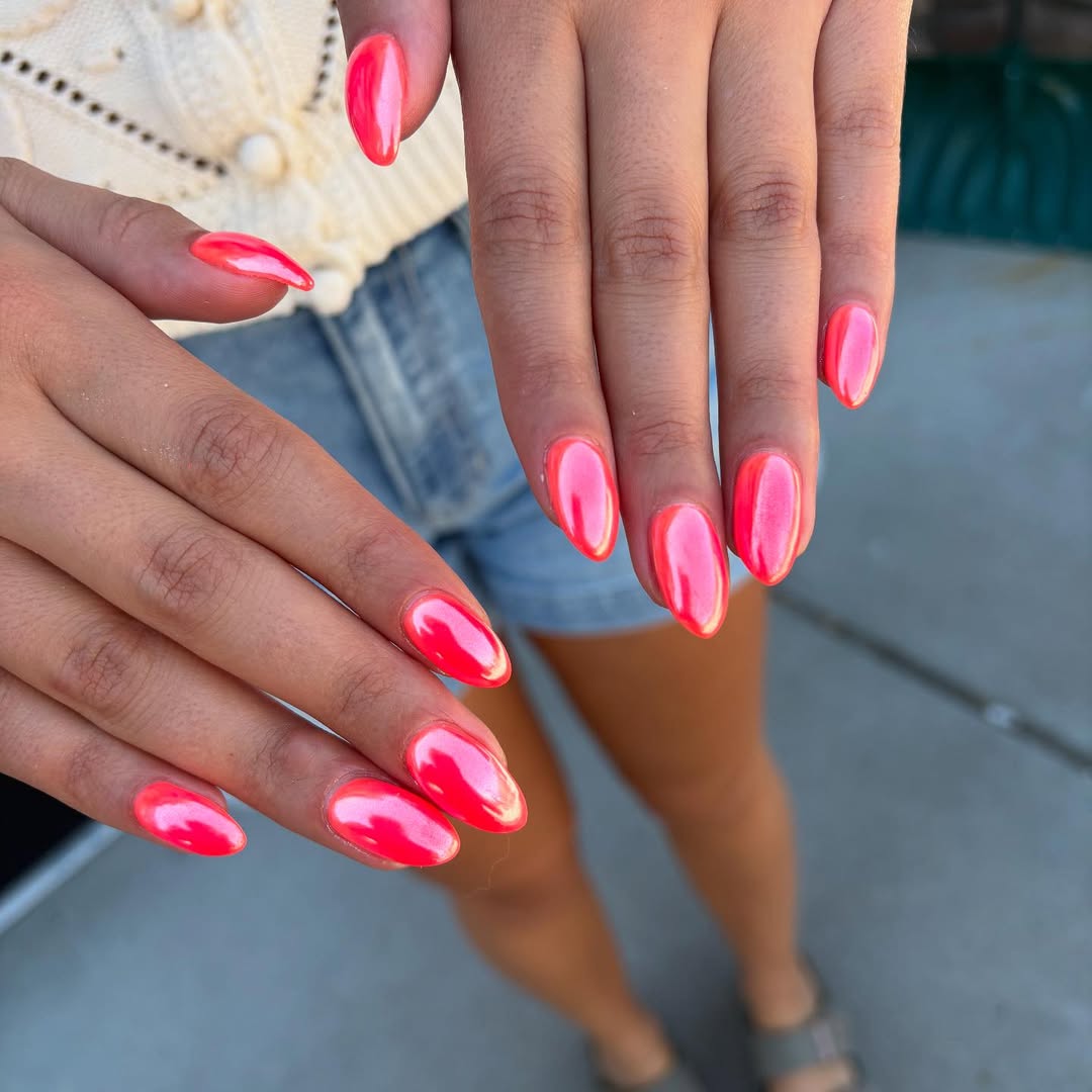 Radiant Pink Chrome Almond Nails
